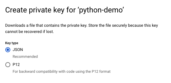 Create JSON containing Private Key