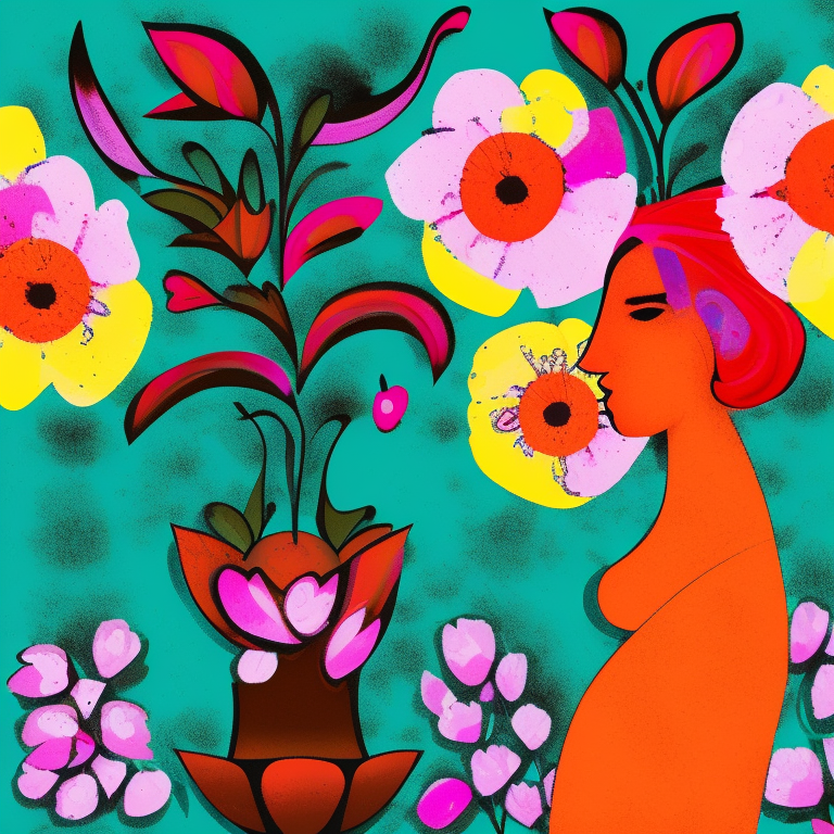 Create an image that speaks to the idea of taking care of ones body with a combination of abstract shapes and a character surrounded by blooming flowers and trees