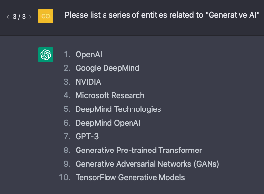 Asking ChatGPT to list entities related to Generative AI