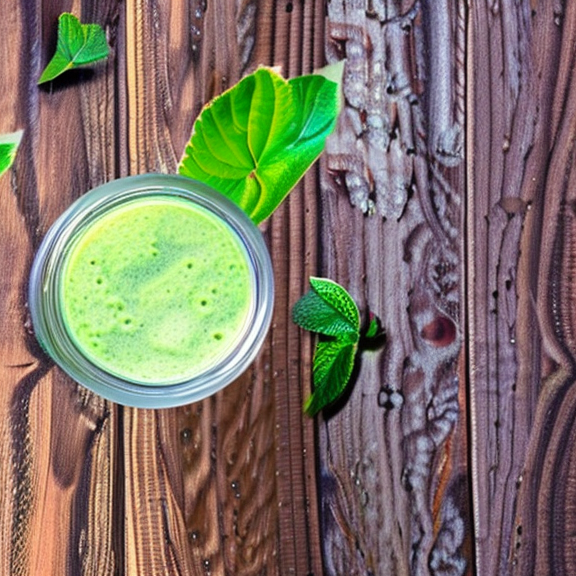 a green butterfly with wings like mint leaves flying around a glass of green smoothie on a beautiful summer day.